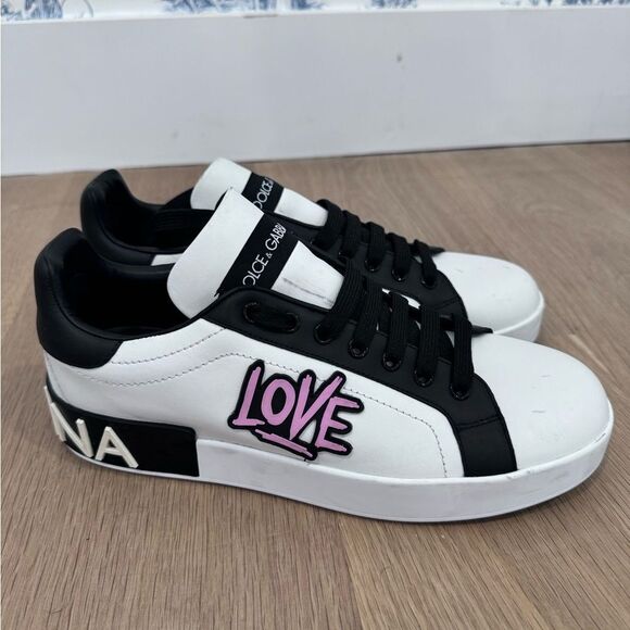 Dolce & Gabbana Shoes - Dolce & Gabbana White Love Logo-Embossed Leather Sneakers Size IT 40